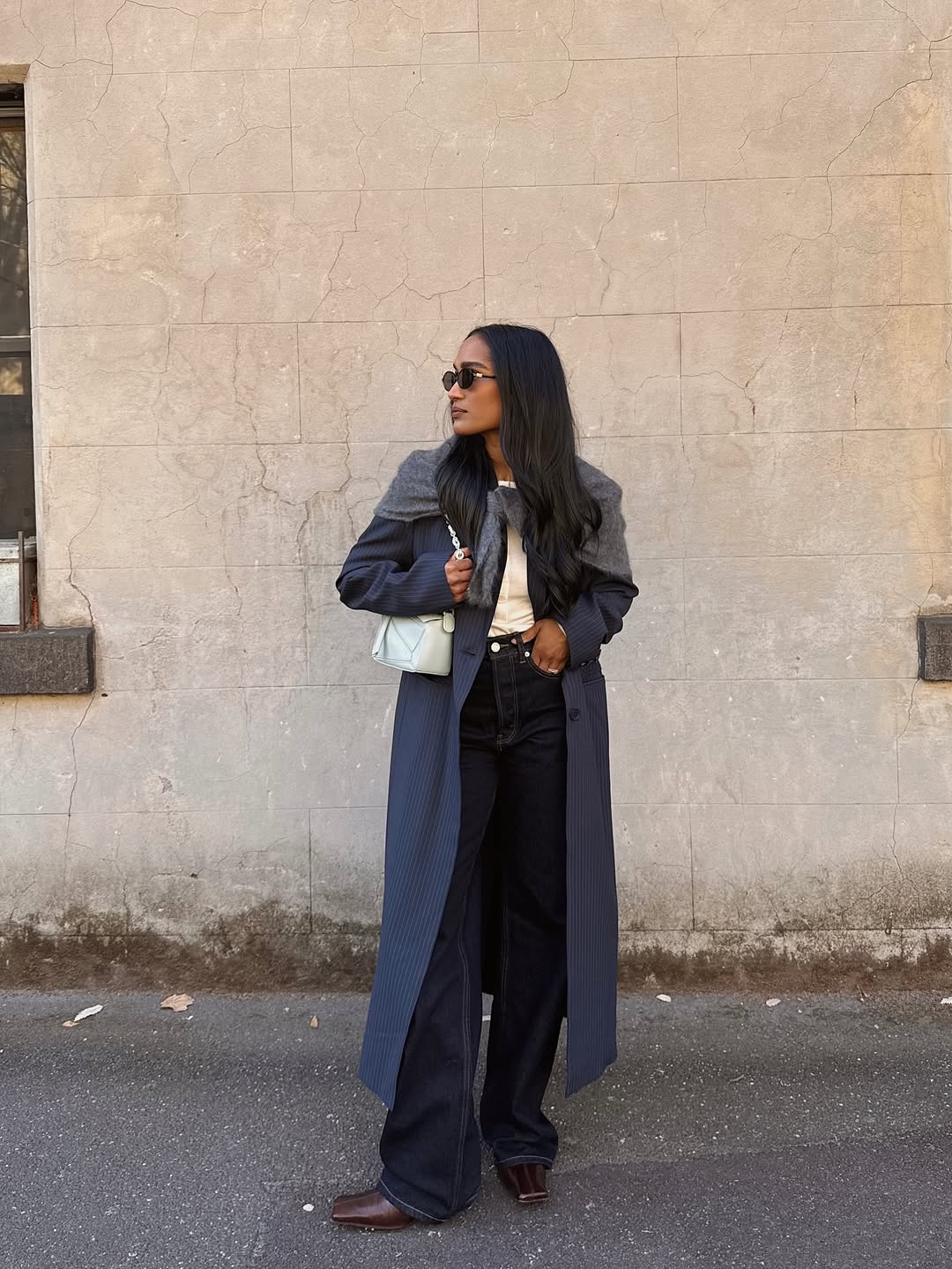 Long Navy Pinstripe Coat and Jeans Long Navy Pinstripe Coat and Jeans — Classy Navy Outfits