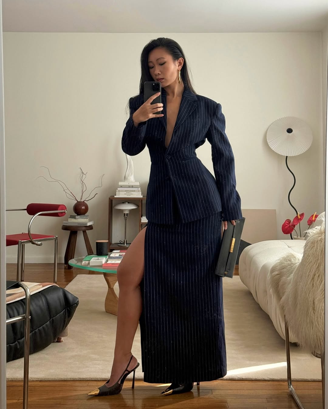 Navy Pinstripe Suit with High Slit Skirt Navy Pinstripe Suit with High Slit Skirt — Classy Navy Outfits