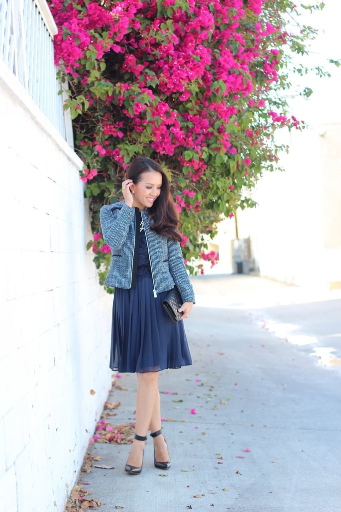 Navy Pleated Skirt with Tweed Jacket Navy Pleated Skirt with Tweed Jacket — Classy Navy Outfits