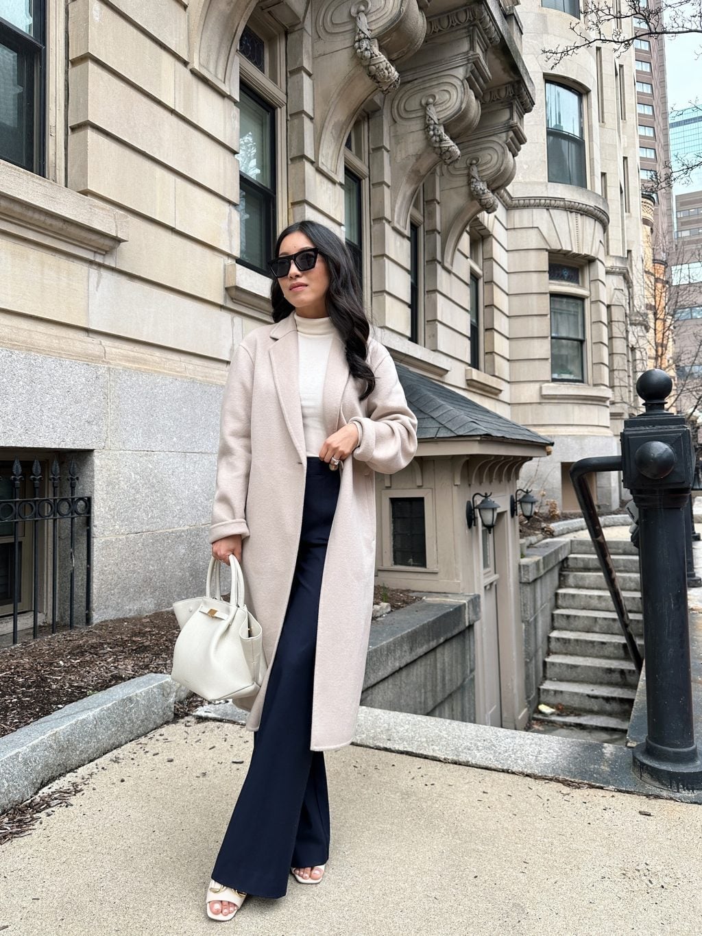 Navy Wide-Leg Trousers with a Cream Coat, Everyday Version — Classy Navy Pants Outfits