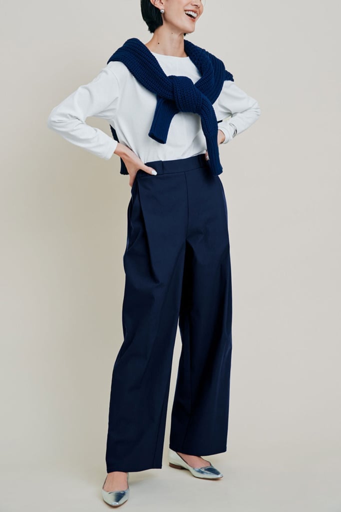 Navy Wide-Leg Trousers with a White Top and Sweater, Close-Up Take — Classy Navy Pants Outfits