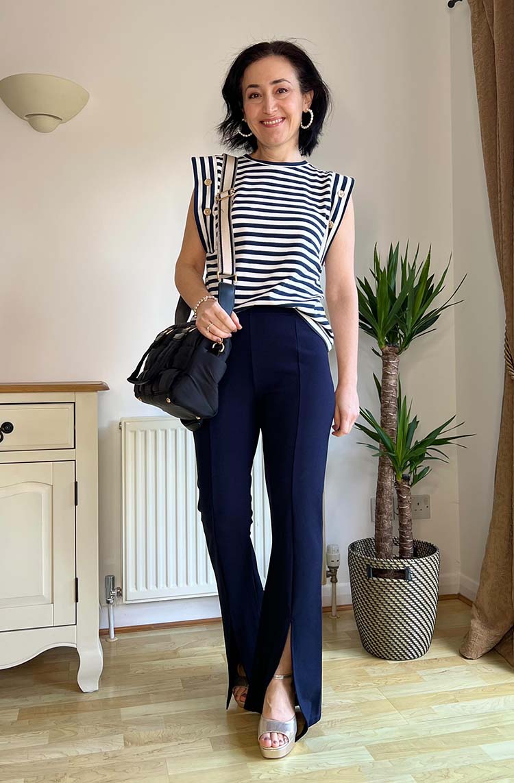 Navy Flared Trousers with a Slit and Striped Top, Close-Up Take — Classy Navy Pants Outfits