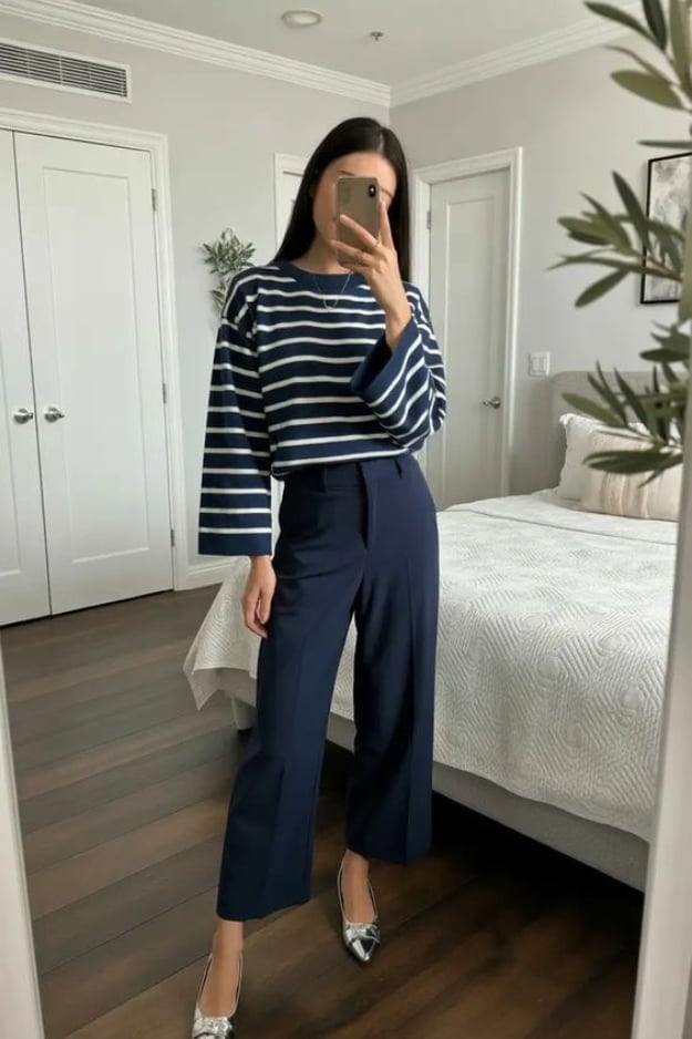High-waisted Navy Trousers with a Striped Crop Top, Everyday Version — Classy Navy Pants Outfits