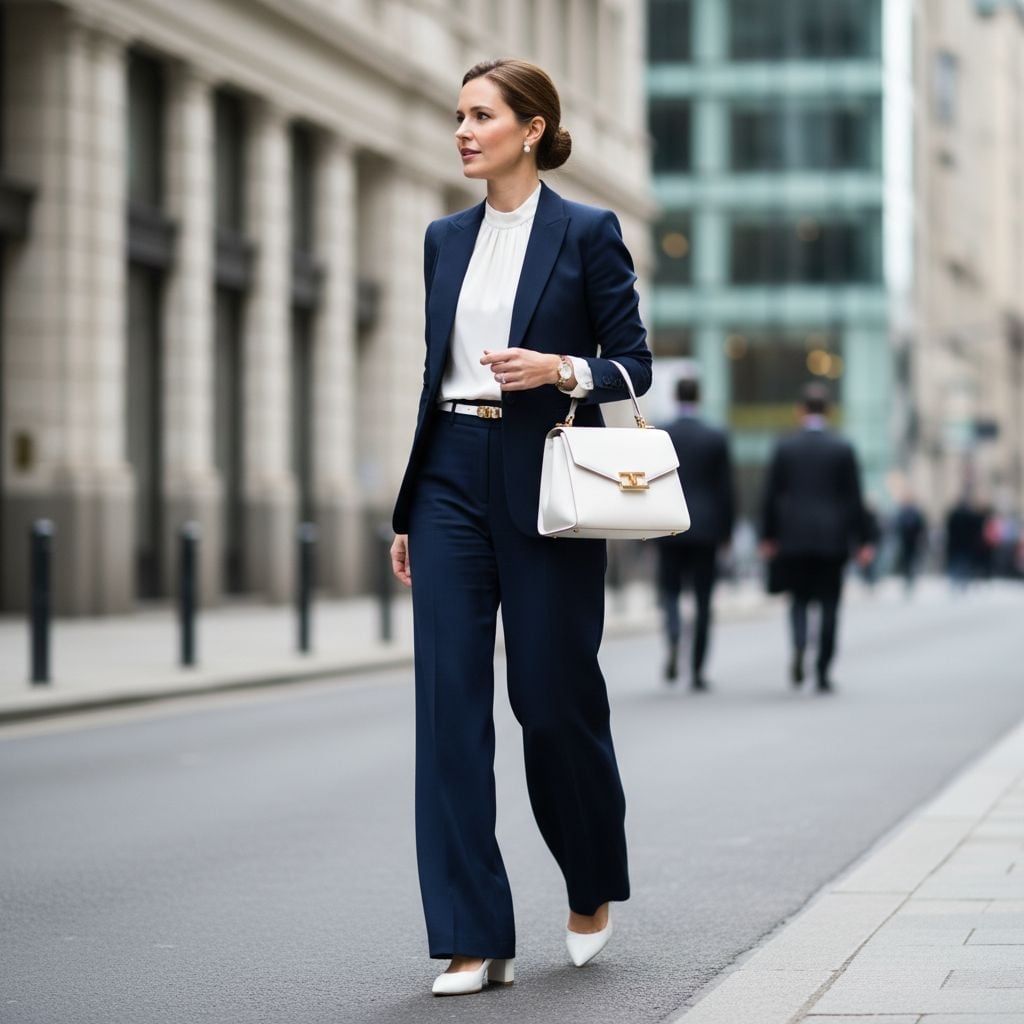 Navy Wide-Leg Trousers with a White Blouse and Block Heels — Classy Navy Pants Outfits