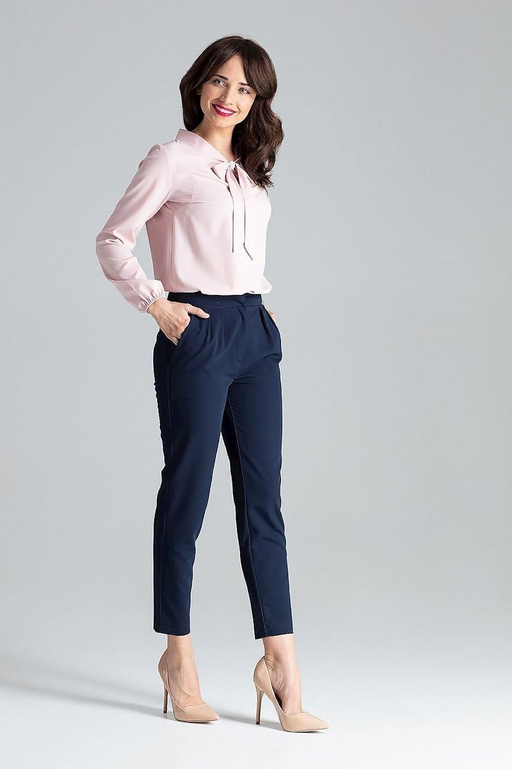 Navy Slim-Fit Trousers with a Pink Bow-Neck, Office-Safe Version — Classy Navy Pants Outfits