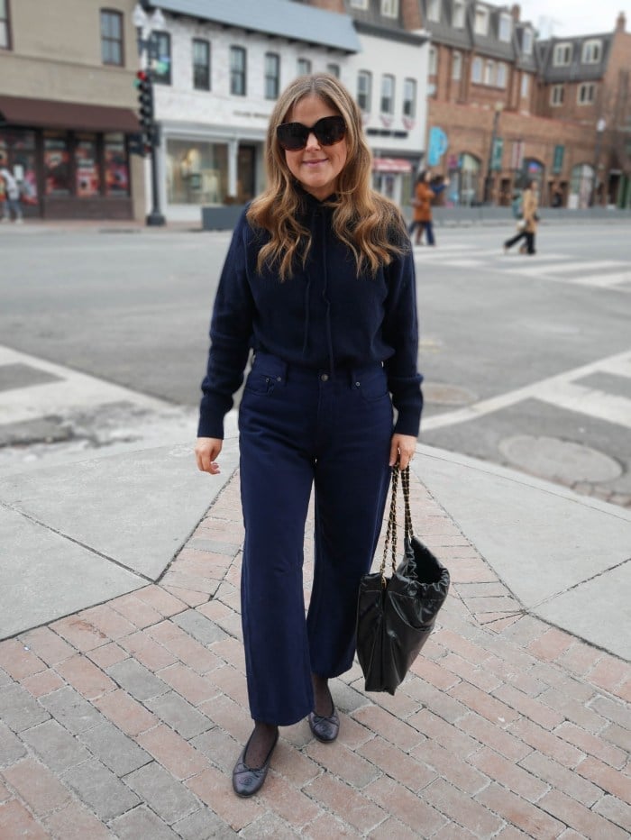 Navy Denim Wide-Leg Trousers with a Hooded Sweater, Low-Key Version — Classy Navy Pants Outfits