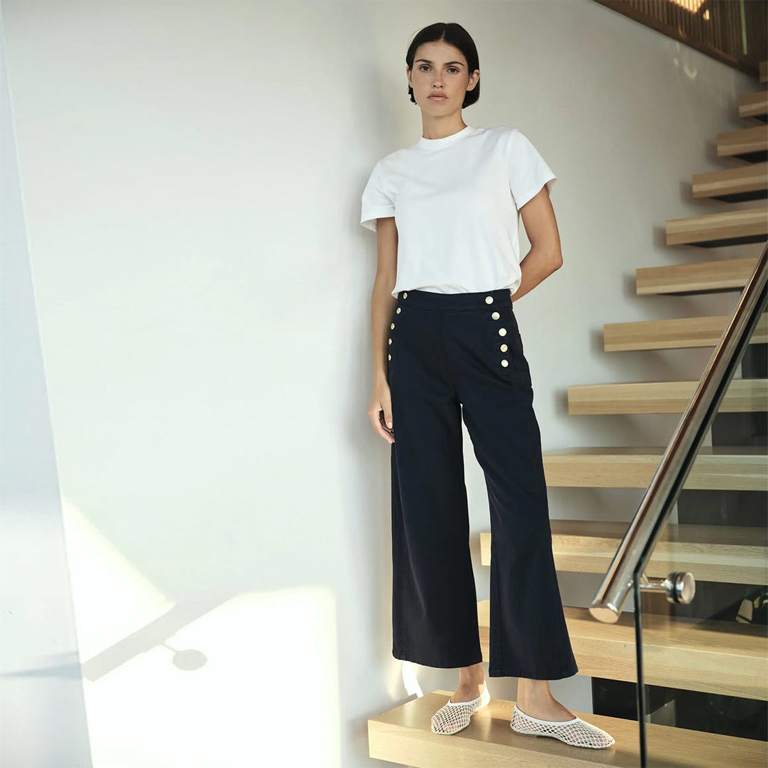 Navy Sailor Pants with Gold Buttons and a White T-Shirt, Close-Up Take — Classy Navy Pants Outfits