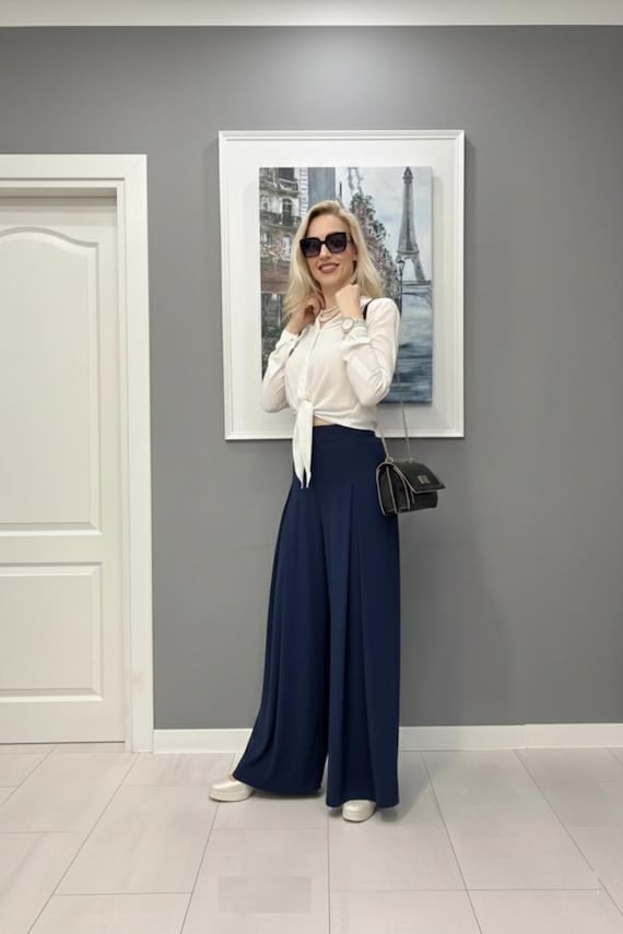 Navy Wide-Leg Palazzo Pants with a Tie-Front Blouse, Close-Up Take — Classy Navy Pants Outfits