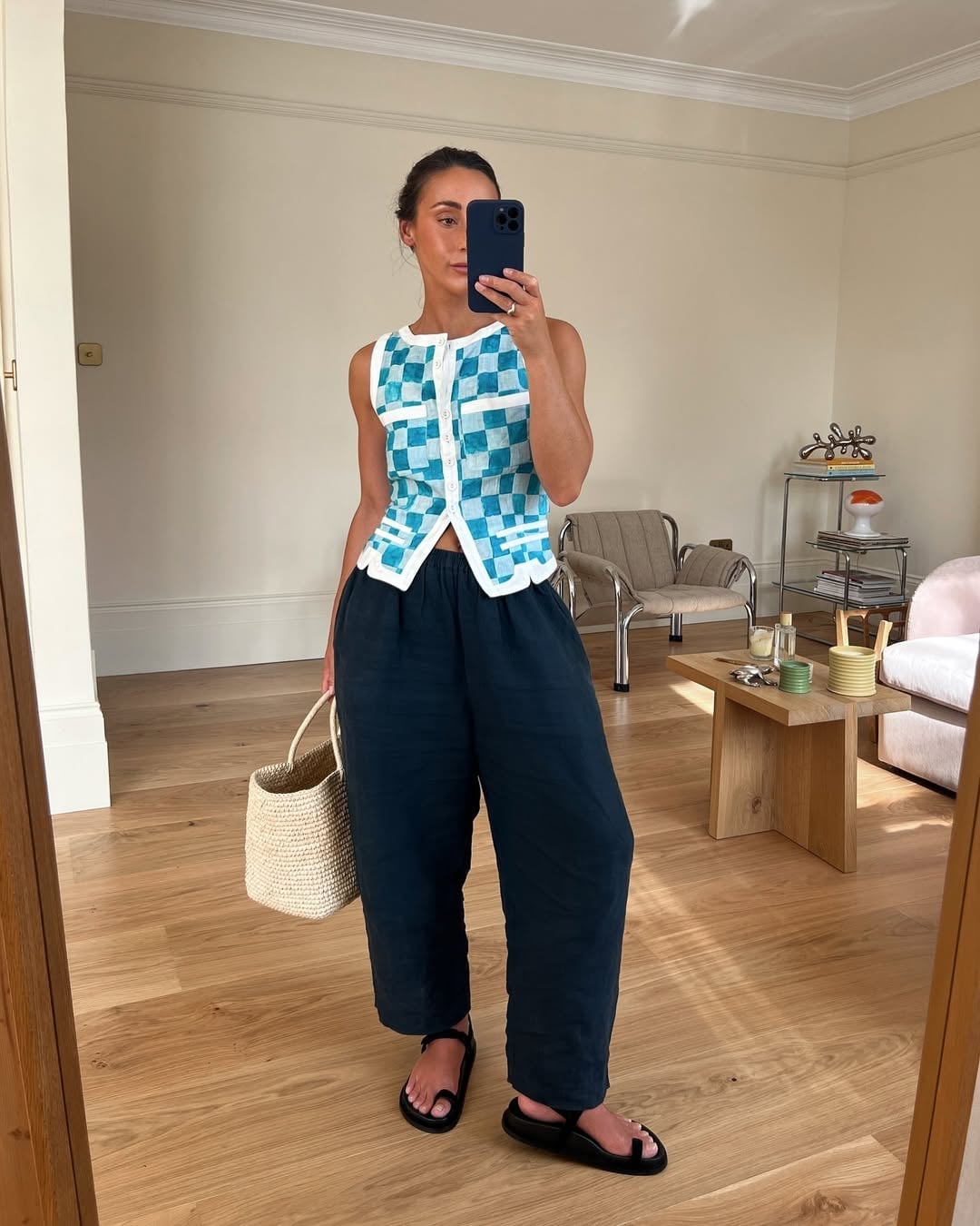 Navy Wide-Leg Trousers with a Checkered Sleeveless Top — Classy Navy Pants Outfits