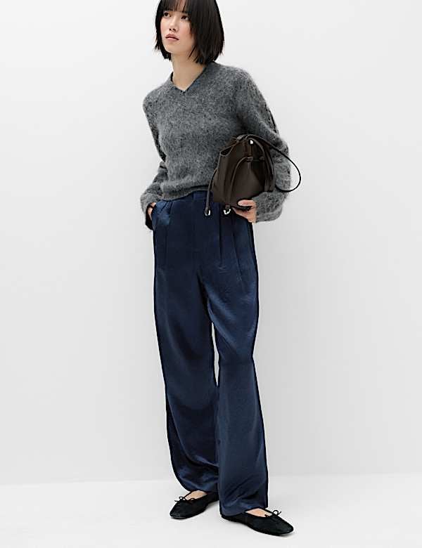 Navy Satin Wide-Leg Trousers with a Fuzzy Sweater — Classy Navy Pants Outfits