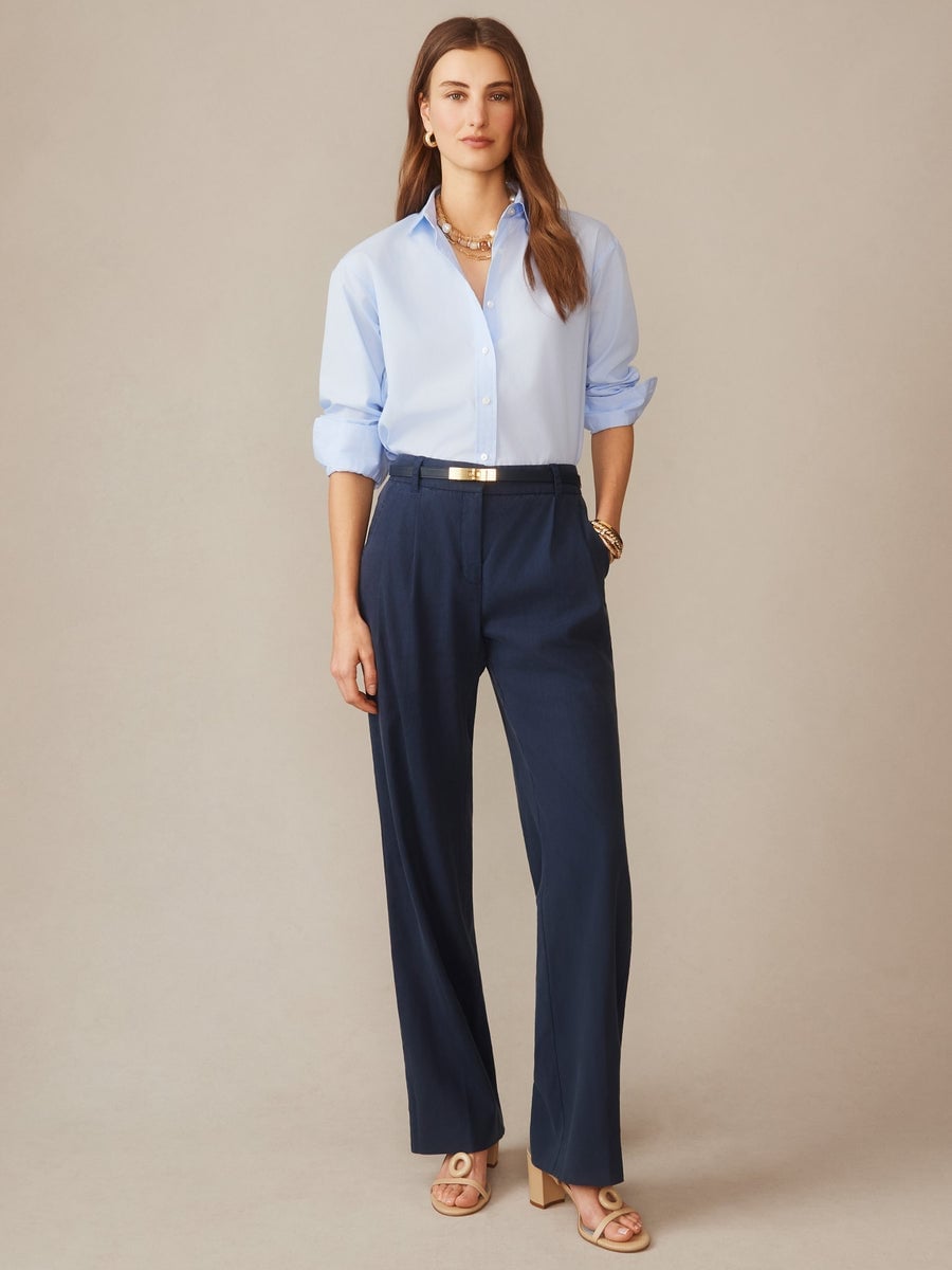 High-waisted Navy Wide-Leg Trousers with a Button-Down Shirt — Classy Navy Pants Outfits