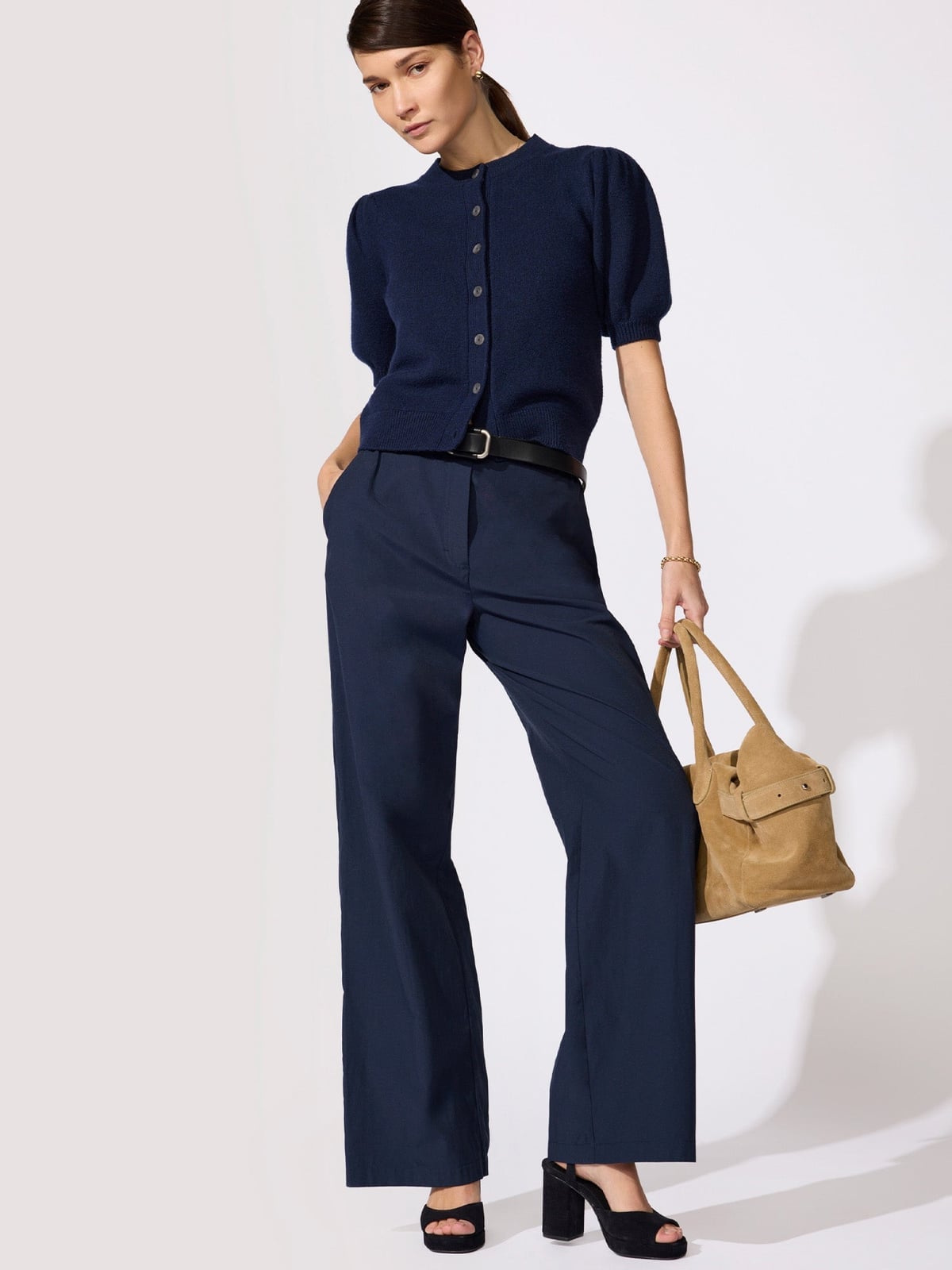 Navy Straight-Leg Trousers with a Short-Sleeve Cardigan — Classy Navy Pants Outfits