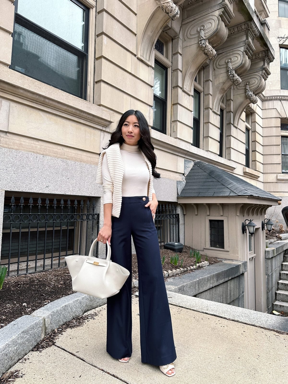 High-waisted Navy Wide-Leg Trousers with a Cream Turtleneck — Classy Navy Pants Outfits