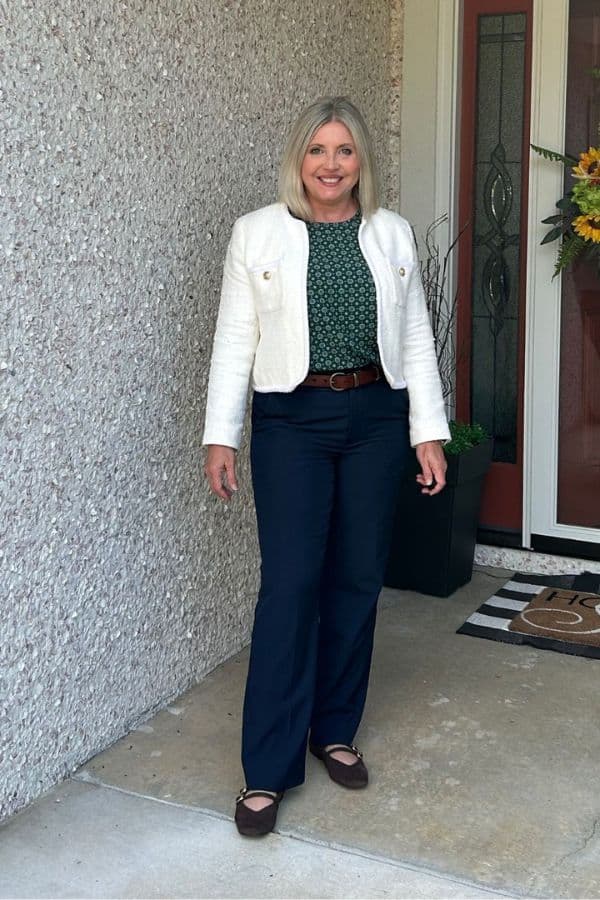 Navy Tailored Trousers with a Textured Jacket and Patterned Blouse — Classy Navy Pants Outfits