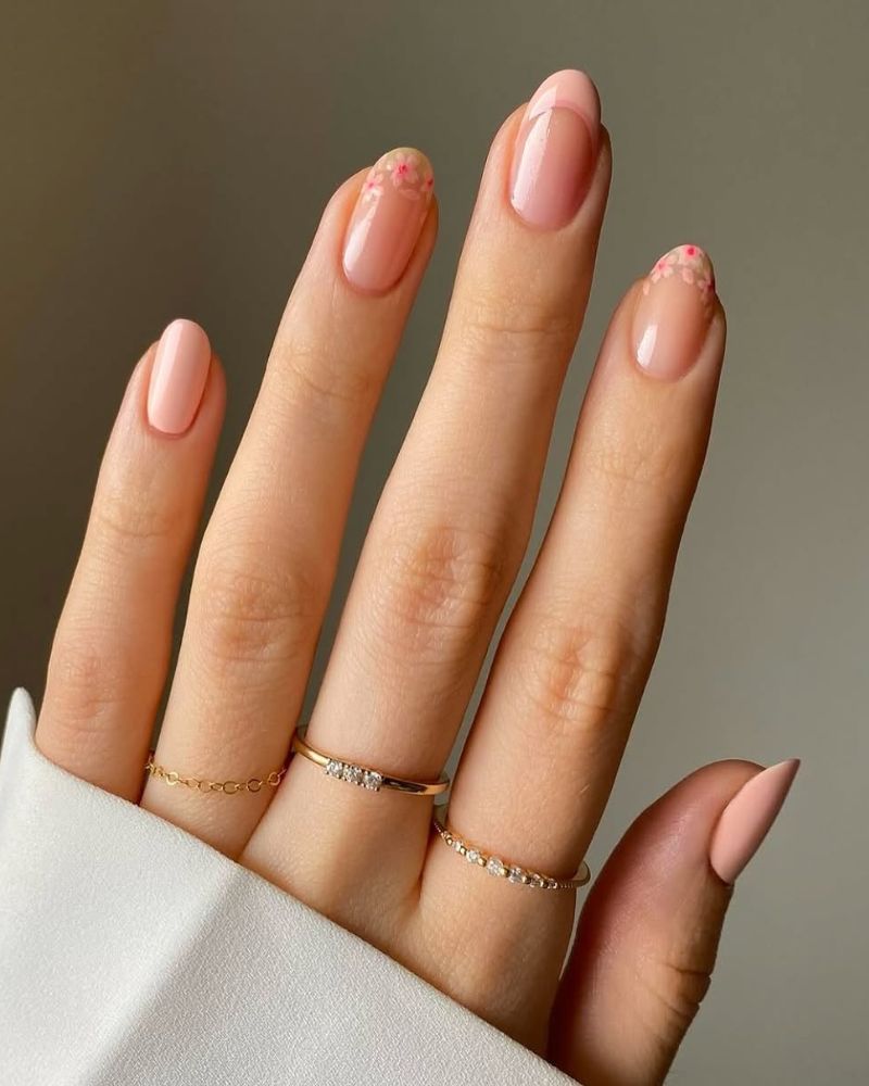 Short Oval Pink French With Floral Accents Short Oval Pink French With Floral Accents — Classy Neutral Nails