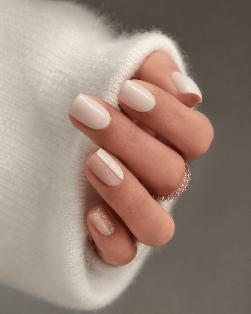 Short Oval Neutral With Line and Glitter Short Oval Neutral With Line and Glitter — Classy Neutral Nails