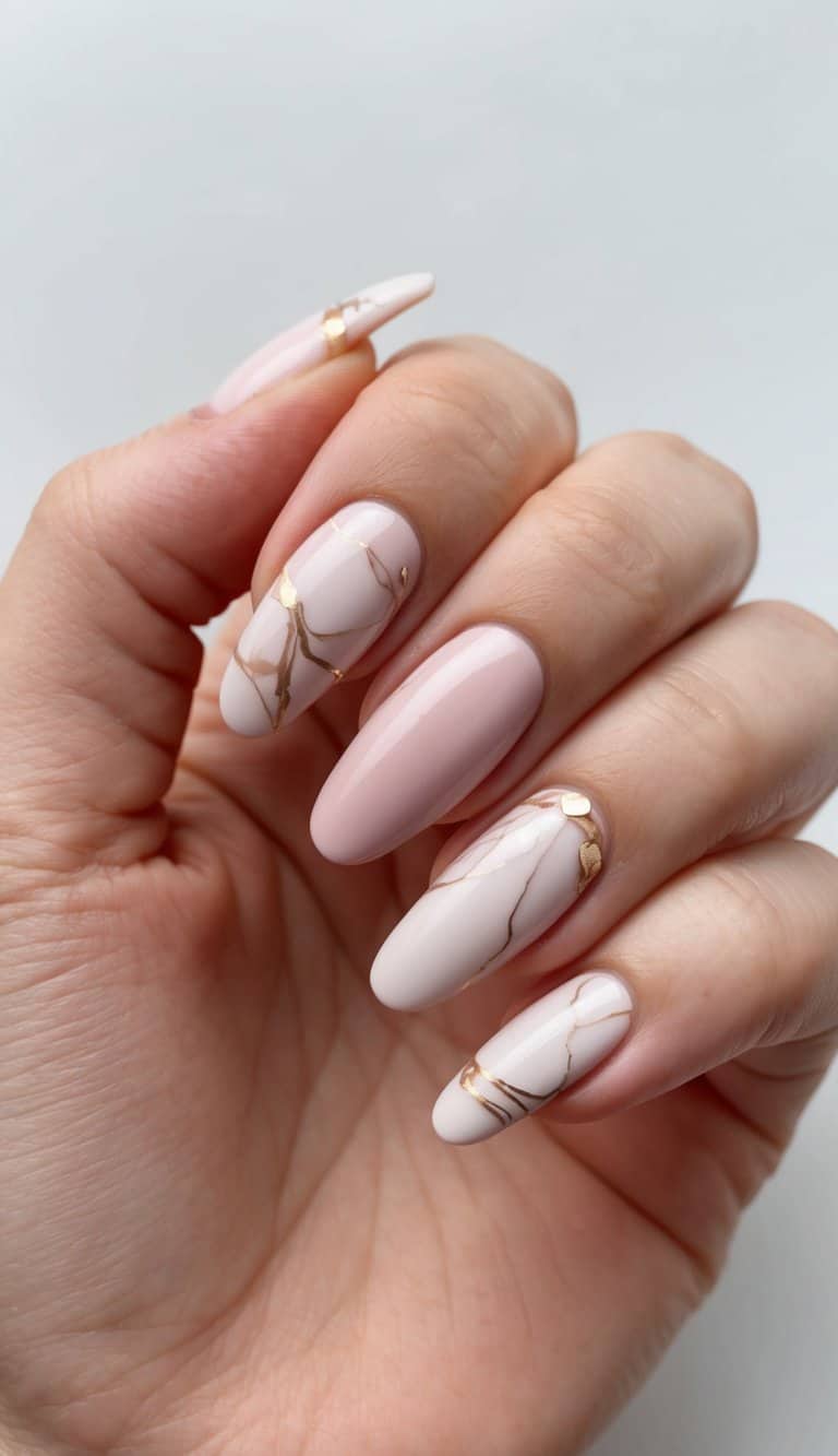 Medium Almond Marble With Gold Foil Medium Almond Marble With Gold Foil — Classy Neutral Nails