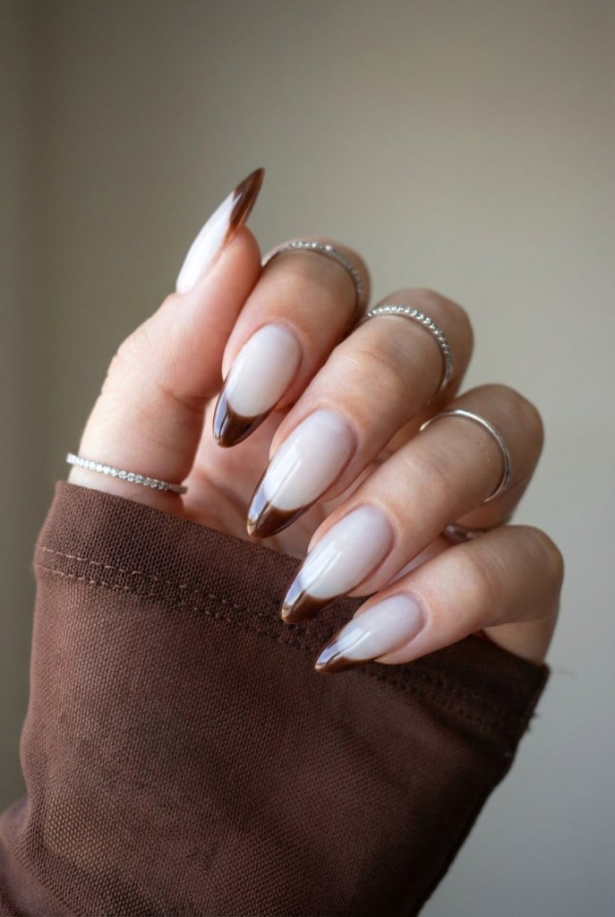 Long Almond Sheer Nude With Brown Gold Tips Long Almond Sheer Nude With Brown Gold Tips — Classy Neutral Nails