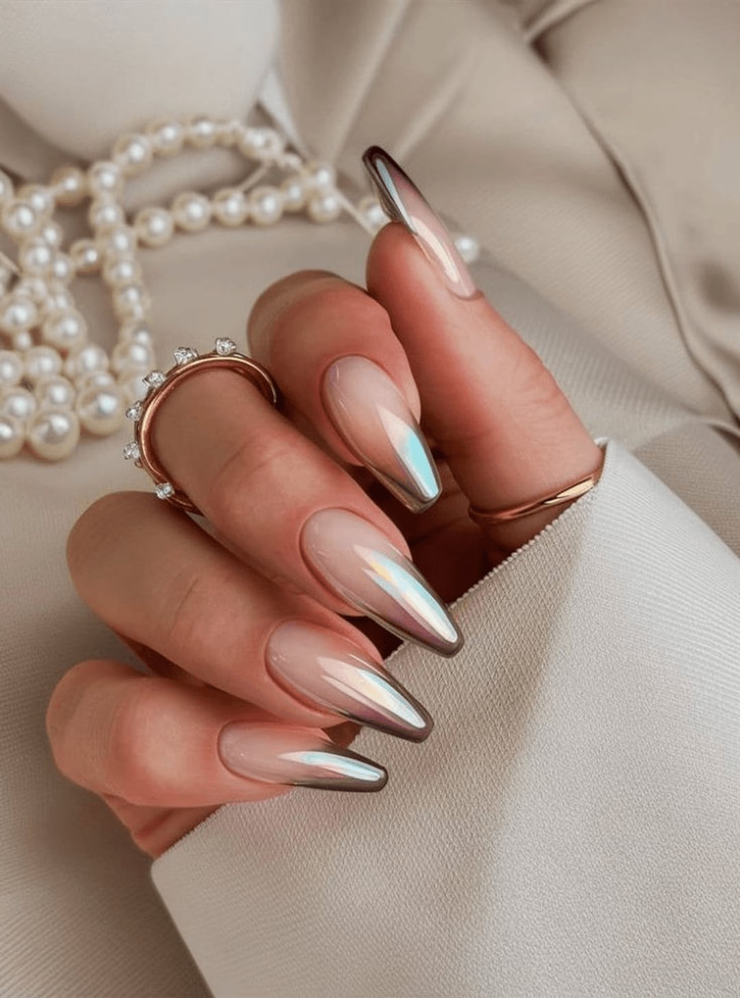 Iridescent Chrome Long Stiletto Nails Iridescent Chrome Long Stiletto Nails — Classy Nude Chrome Nails