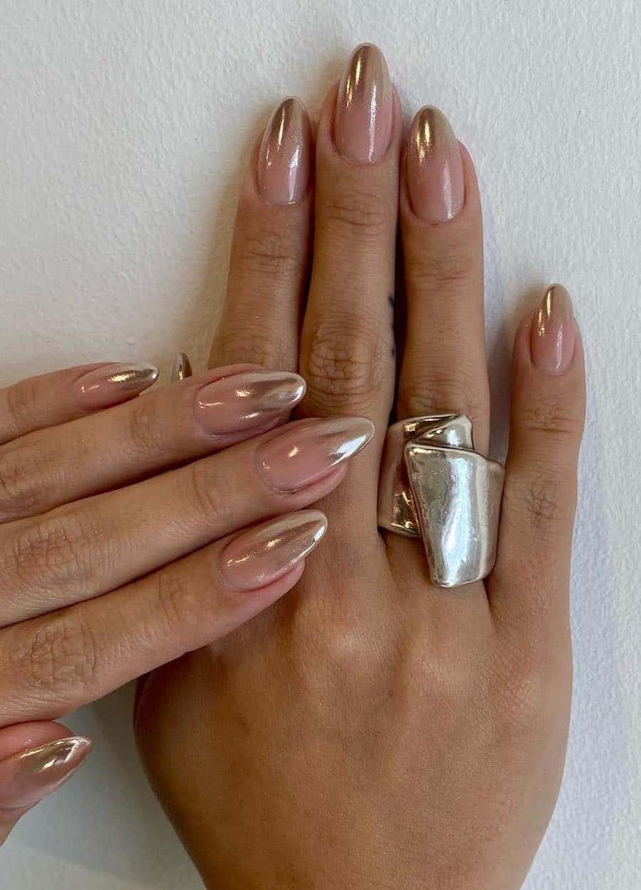 Mirror Chrome Nude Base Medium Almond Nails Mirror Chrome Nude Base Medium Almond Nails — Classy Nude Chrome Nails
