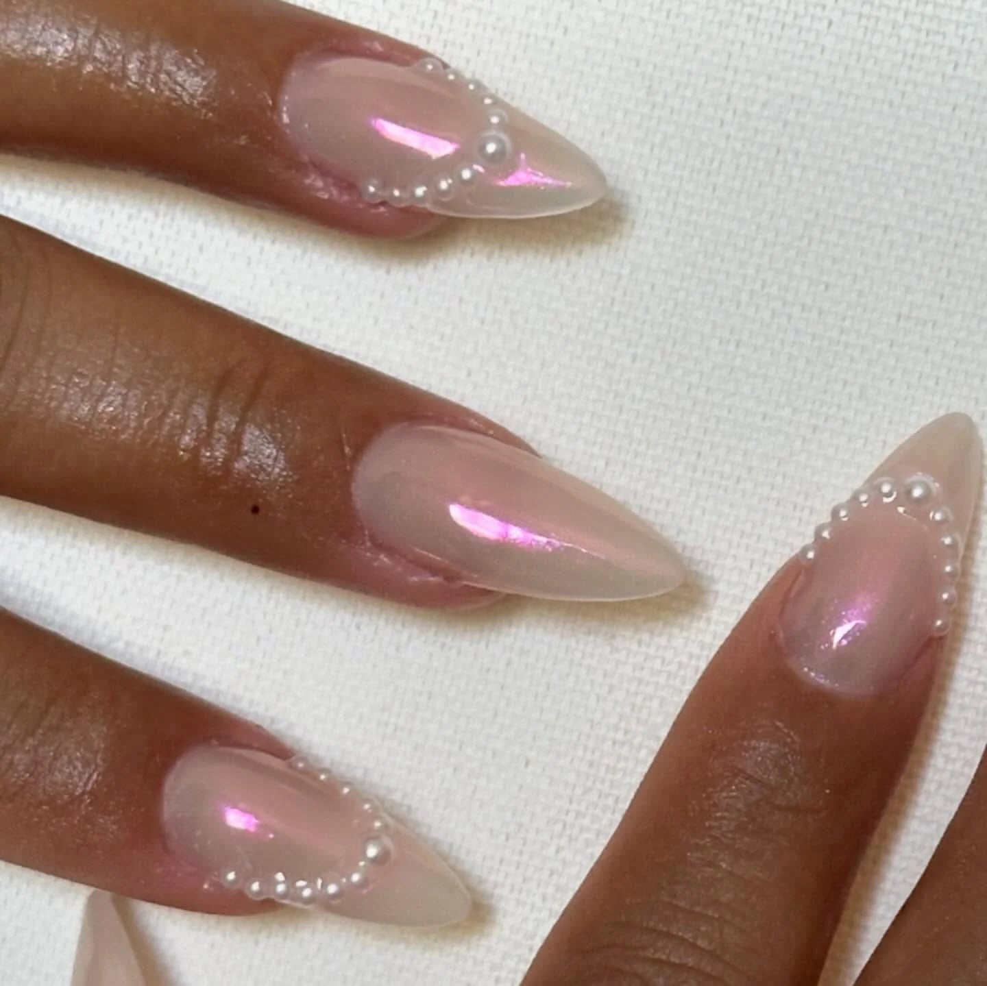 Sheer Nude Iridescent Stiletto Nails with Pearls Sheer Nude Iridescent Stiletto Nails with Pearls — Classy Nude Chrome Nails
