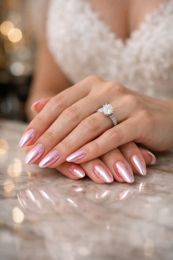 Vibrant Light Pink Chrome Stiletto Nails Vibrant Light Pink Chrome Stiletto Nails — Classy Nude Chrome Nails