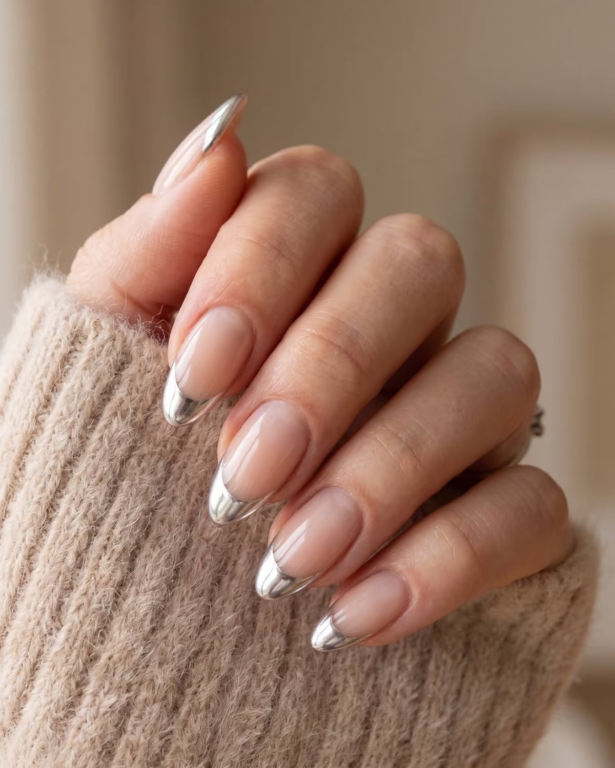 Nude Base Silver Tip French Almond Nails Nude Base Silver Tip French Almond Nails — Classy Nude Chrome Nails
