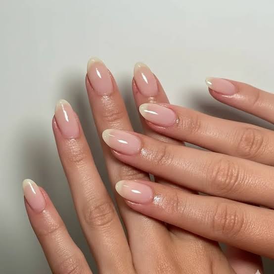 Clean Sheer Nude Pink Short Oval Glossy Nails, Close-Up Take Clean Sheer Nude Pink Short Oval Glossy Nails, Close-Up Take — Classy Nurse Nails