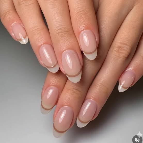 Subtle Dark Brown Tip Sheer Nude Medium Almond Nails Subtle Dark Brown Tip Sheer Nude Medium Almond Nails — Classy Nurse Nails