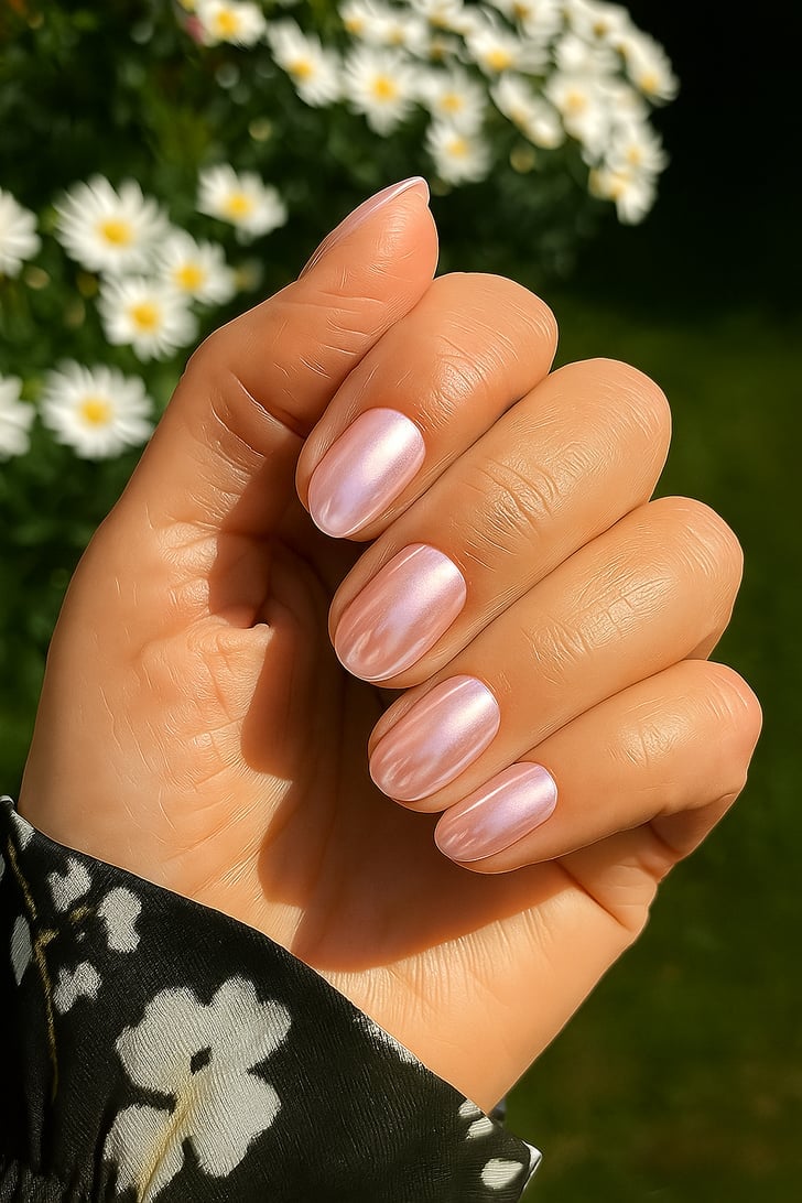 Pearlescent Shimmer Pale Pink Short Oval Glossy Nails Pearlescent Shimmer Pale Pink Short Oval Glossy Nails — Classy Nurse Nails