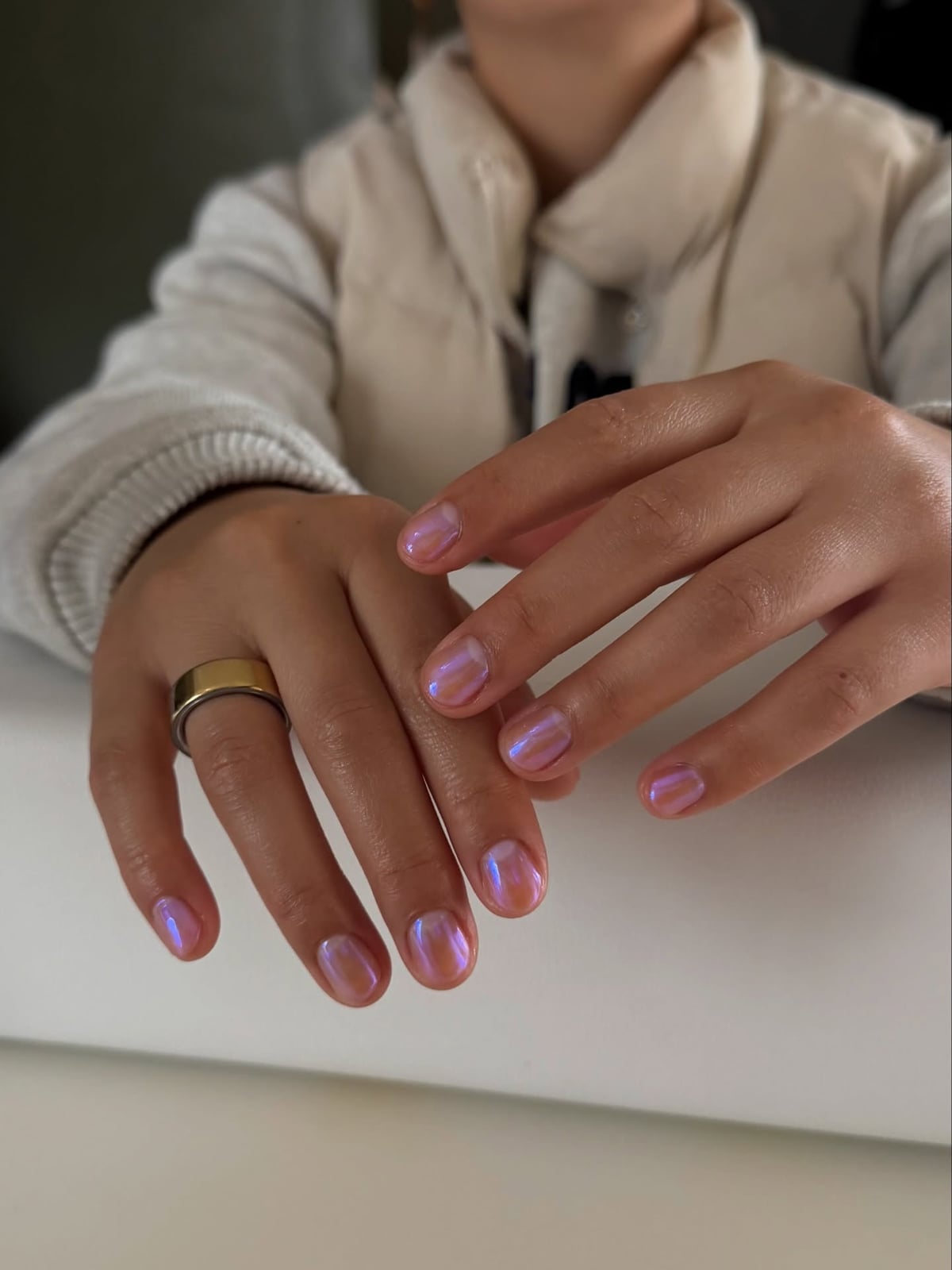 Iridescent Shimmer Pale Pink Short Oval Glossy Nails, Everyday Version Iridescent Shimmer Pale Pink Short Oval Glossy Nails, Everyday Version — Classy Nurse Nails