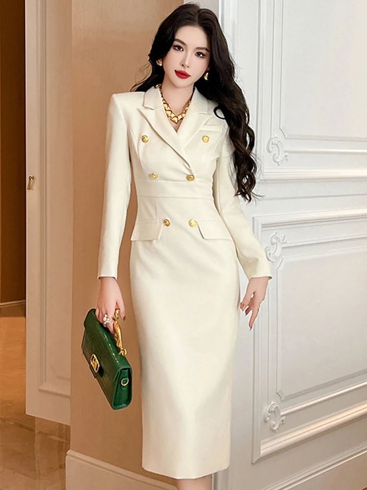 Cream Double Breasted Sheath Dress With Gold Buttons Cream Double Breasted Sheath Dress With Gold Buttons — Classy Office Dresses