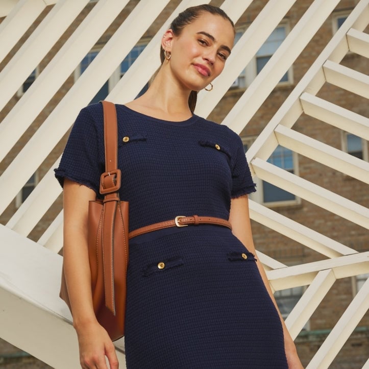 Navy Knit Dress With Gold Buttons and Tan Belt Navy Knit Dress With Gold Buttons and Tan Belt — Classy Office Dresses