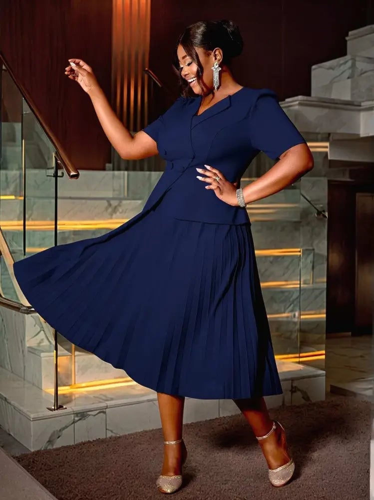 Navy Fit and Flare Dress With Collared Neckline Navy Fit and Flare Dress With Collared Neckline — Classy Office Dresses