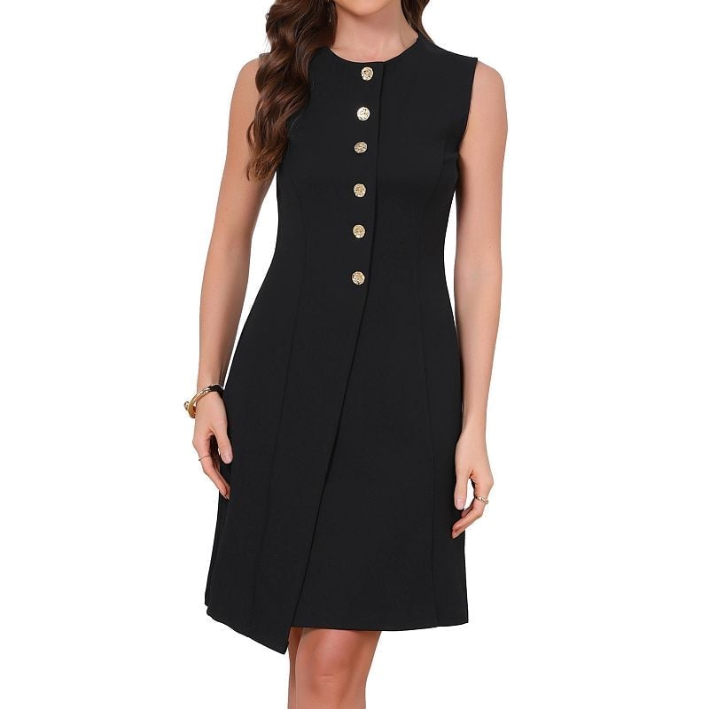Black Sleeveless Dress With Gold Buttons Black Sleeveless Dress With Gold Buttons — Classy Office Dresses
