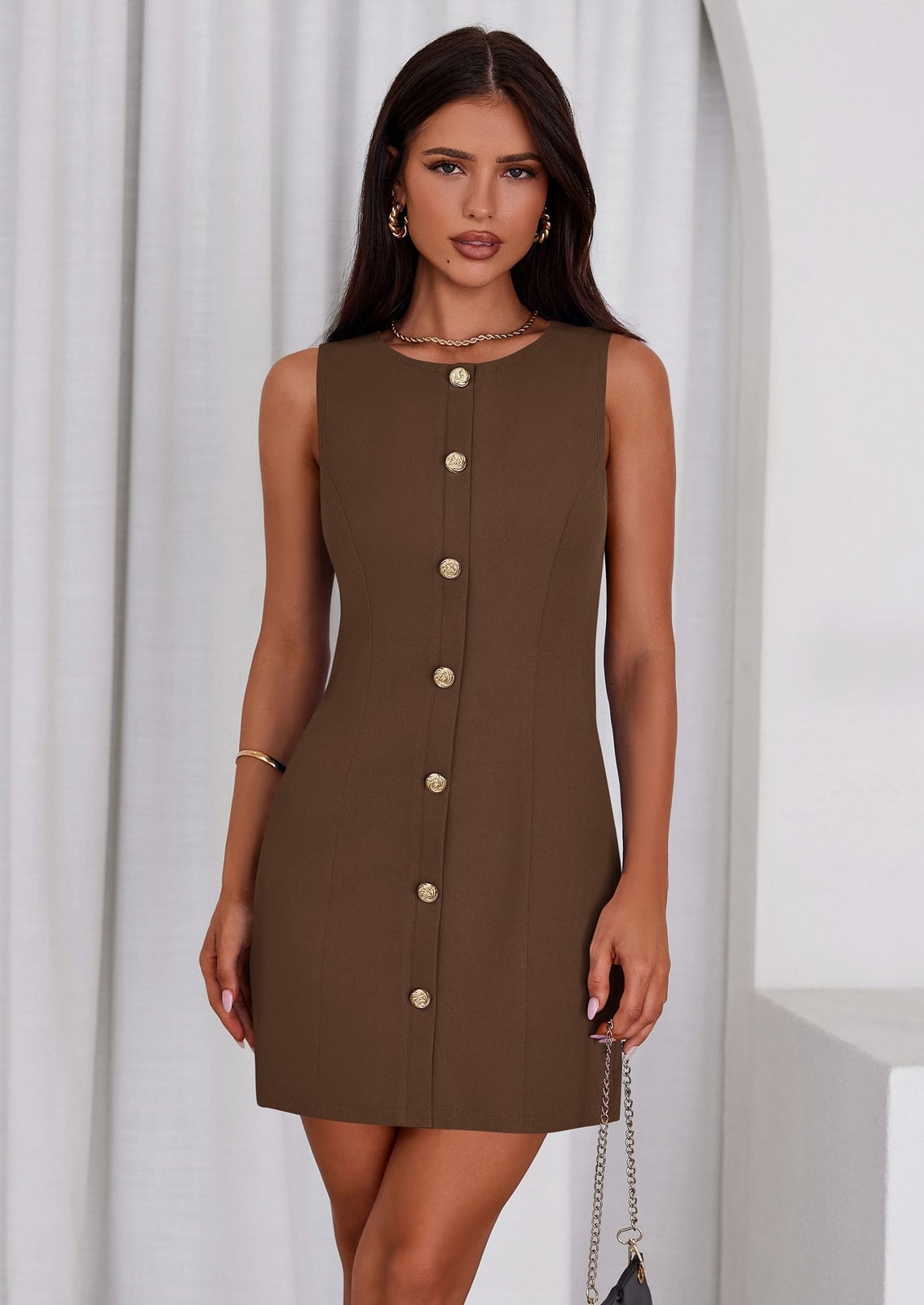 Brown Fitted Mini Dress With Gold Buttons Brown Fitted Mini Dress With Gold Buttons — Classy Office Dresses