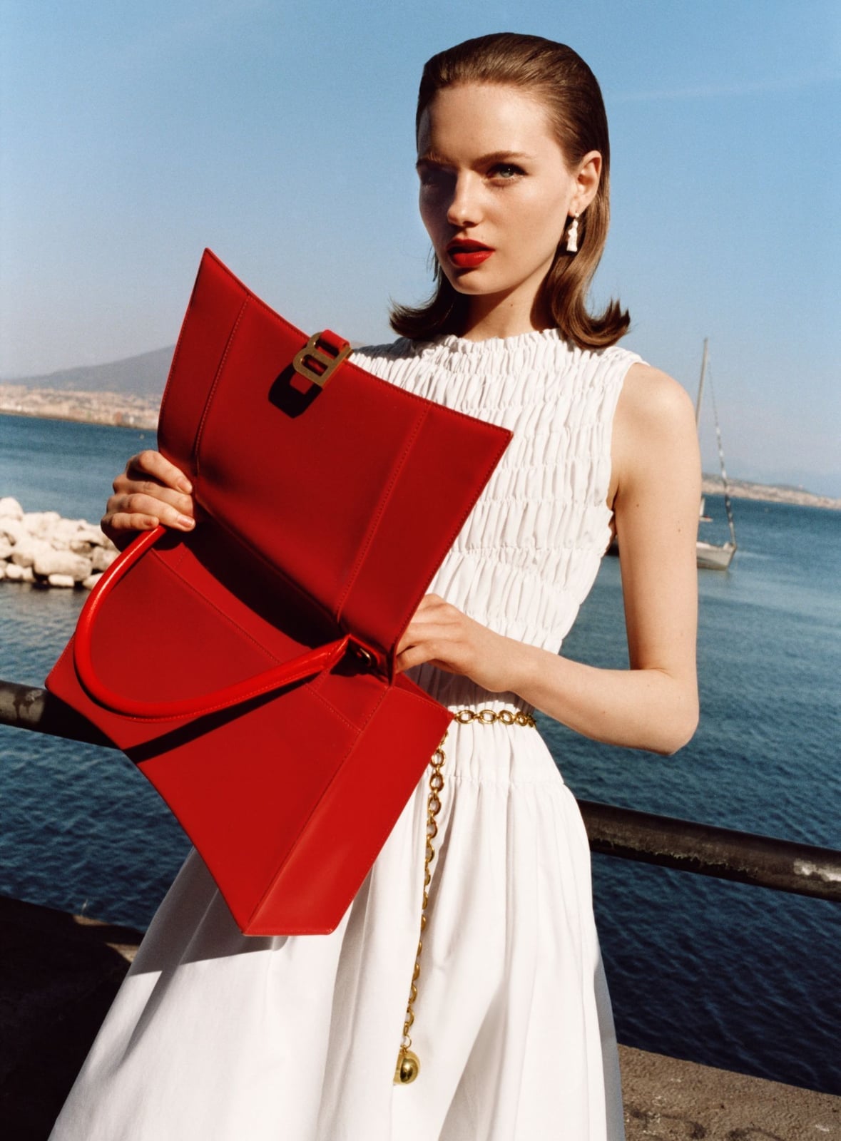 White Smocked Bodice Midi Dress With Red Tote White Smocked Bodice Midi Dress With Red Tote — Classy Office Dresses