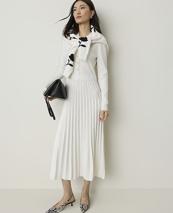 White Pleated Midi Dress With Cardigan Layer White Pleated Midi Dress With Cardigan Layer — Classy Office Dresses