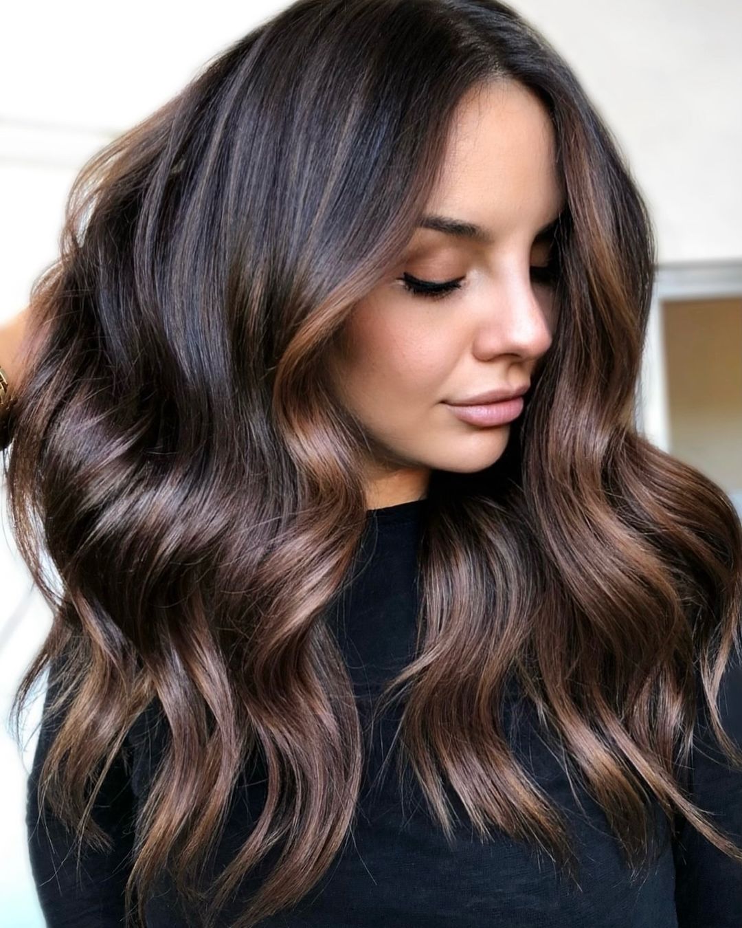 Dark Brown Mid-Back Layers With Balayage and Loose Waves — Classy Old Money Haircuts
