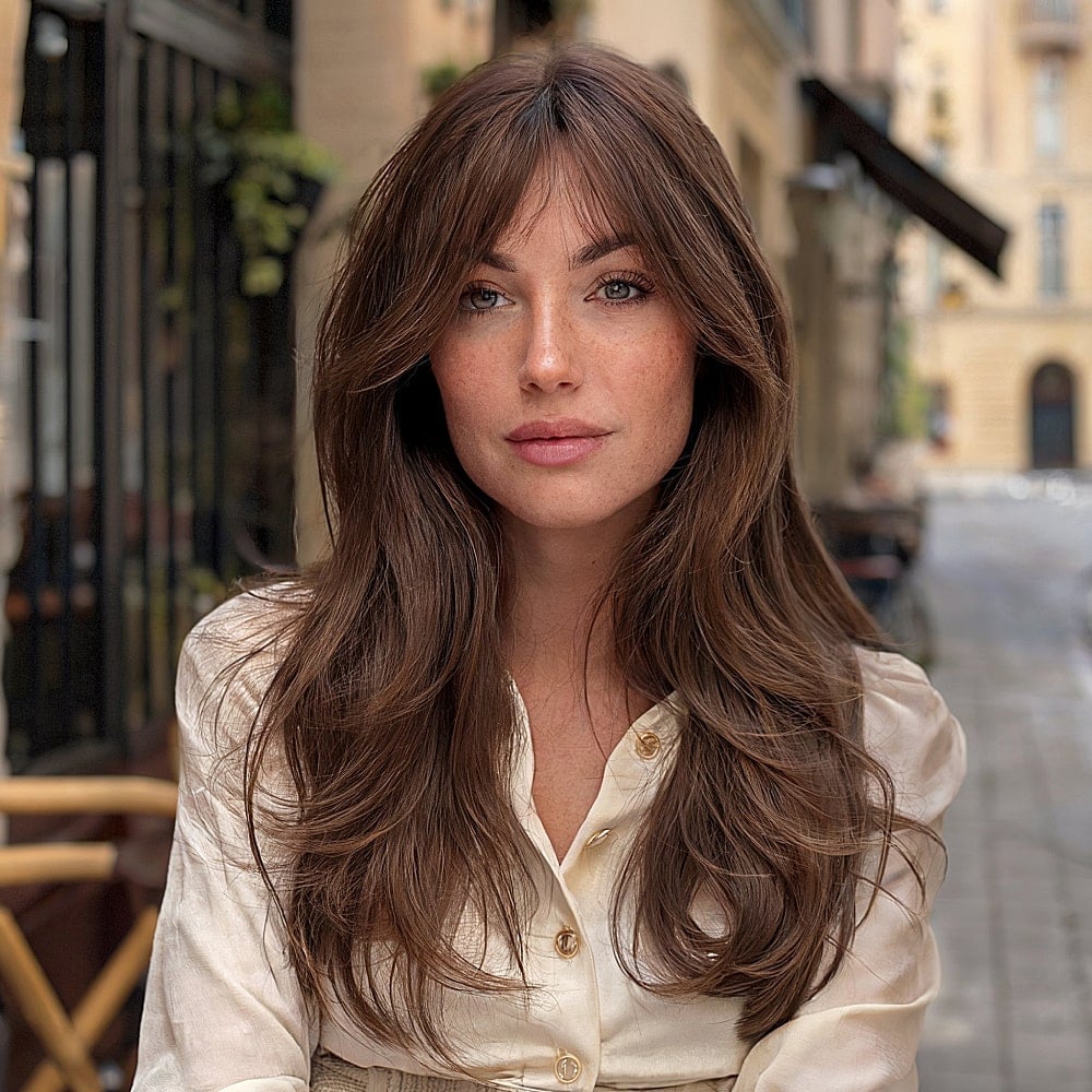 Medium Brown Long Layers With Curtain Bangs — Classy Old Money Haircuts