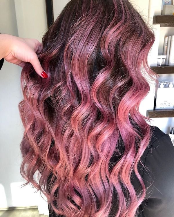 Mid-Back Dark Brown Pink Ombré Waves With Long Layers Mid-Back Dark Brown Pink Ombré Waves With Long Layers — Classy Ombré Hair
