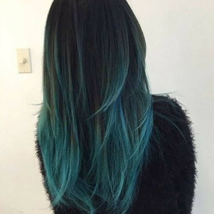 Mid-Back Dark Base Teal Ombré Waves Mid-Back Dark Base Teal Ombré Waves — Classy Ombré Hair