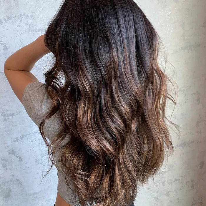 Glossy Mid-Back Dark Brown Caramel Ombré Waves With Styled In Loose Glossy Mid-Back Dark Brown Caramel Ombré Waves With Styled In Loose — Classy Ombré Hair