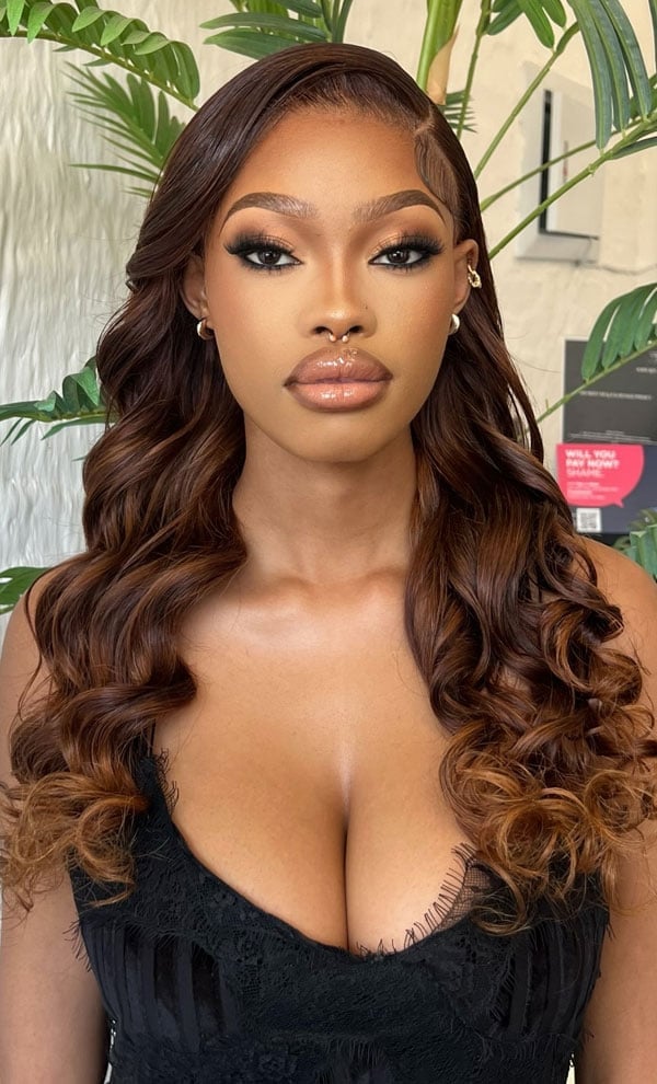Long Dark Brown With Warm Caramel Ombré Curls Long Dark Brown With Warm Caramel Ombré Curls — Classy Ombré Hair