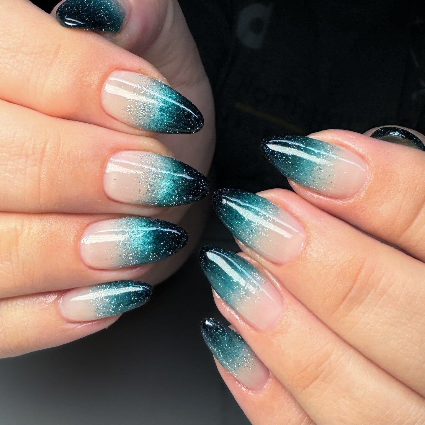 Short Almond Teal Glitter Ombre Nails Short Almond Teal Glitter Ombre Nails — Classy Ombré Nails
