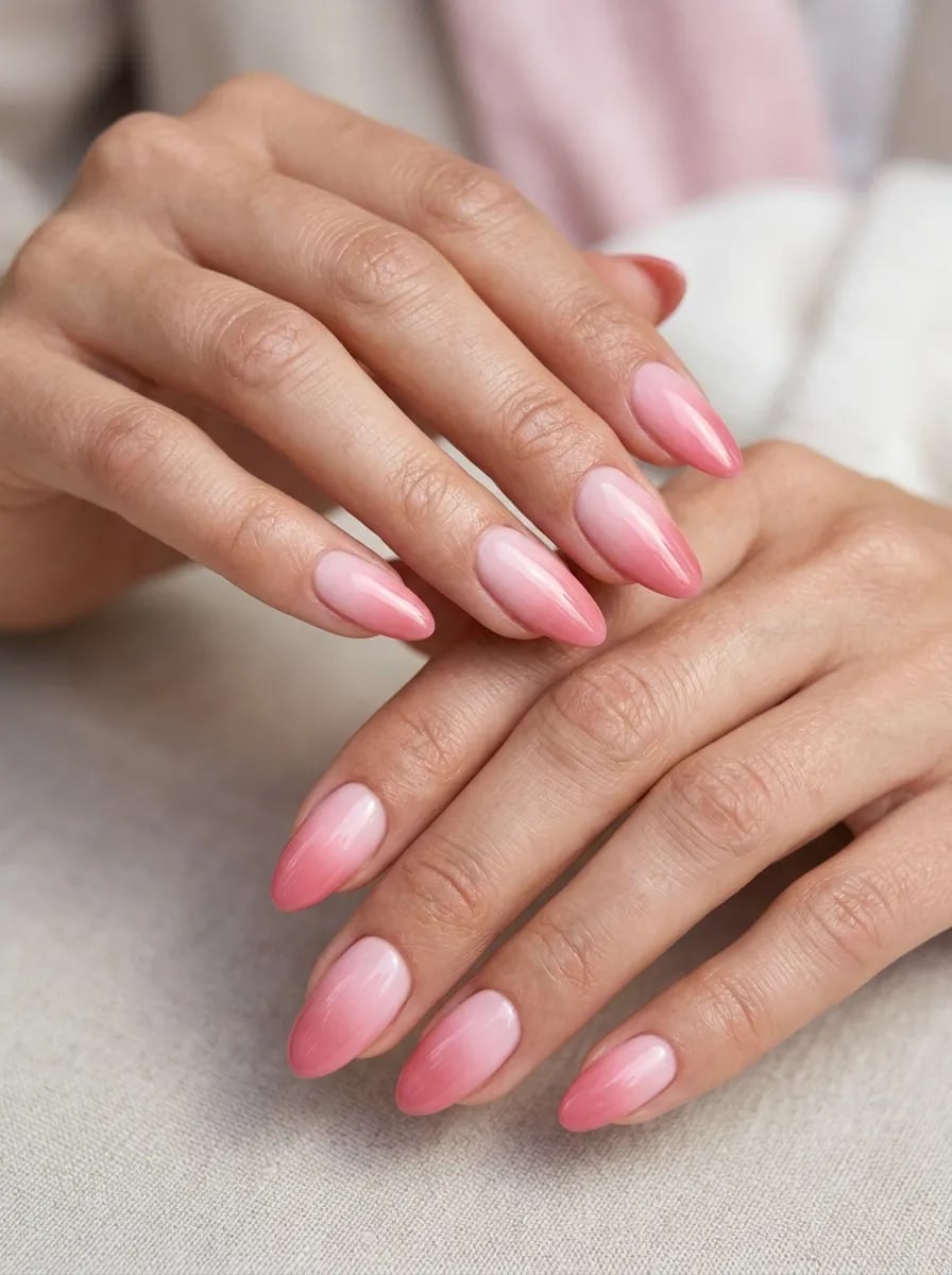 Medium Almond Bright Pink Ombre Nails, Glossy Medium Almond Bright Pink Ombre Nails, Glossy — Classy Ombré Nails