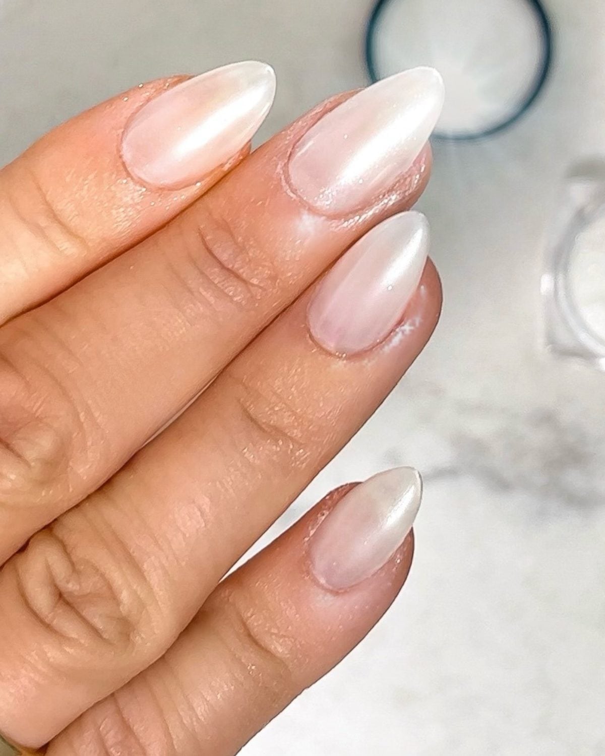 Medium Almond Pearlescent Shimmer Nails Medium Almond Pearlescent Shimmer Nails — Classy Ombré Nails