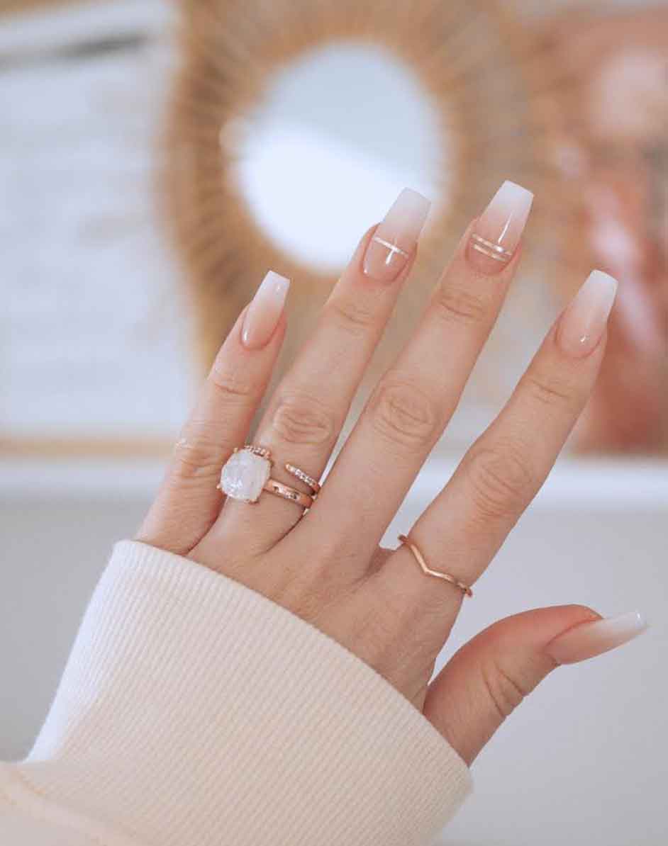 Short Square French Ombre With Gold Lines Short Square French Ombre With Gold Lines — Classy Ombré Nails