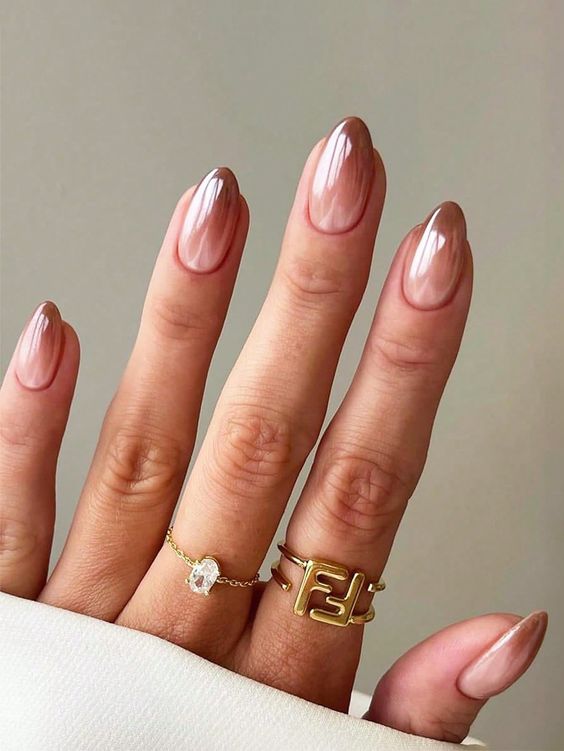 Short Almond Brown To Nude Chrome Ombre Nails Short Almond Brown To Nude Chrome Ombre Nails — Classy Ombré Nails