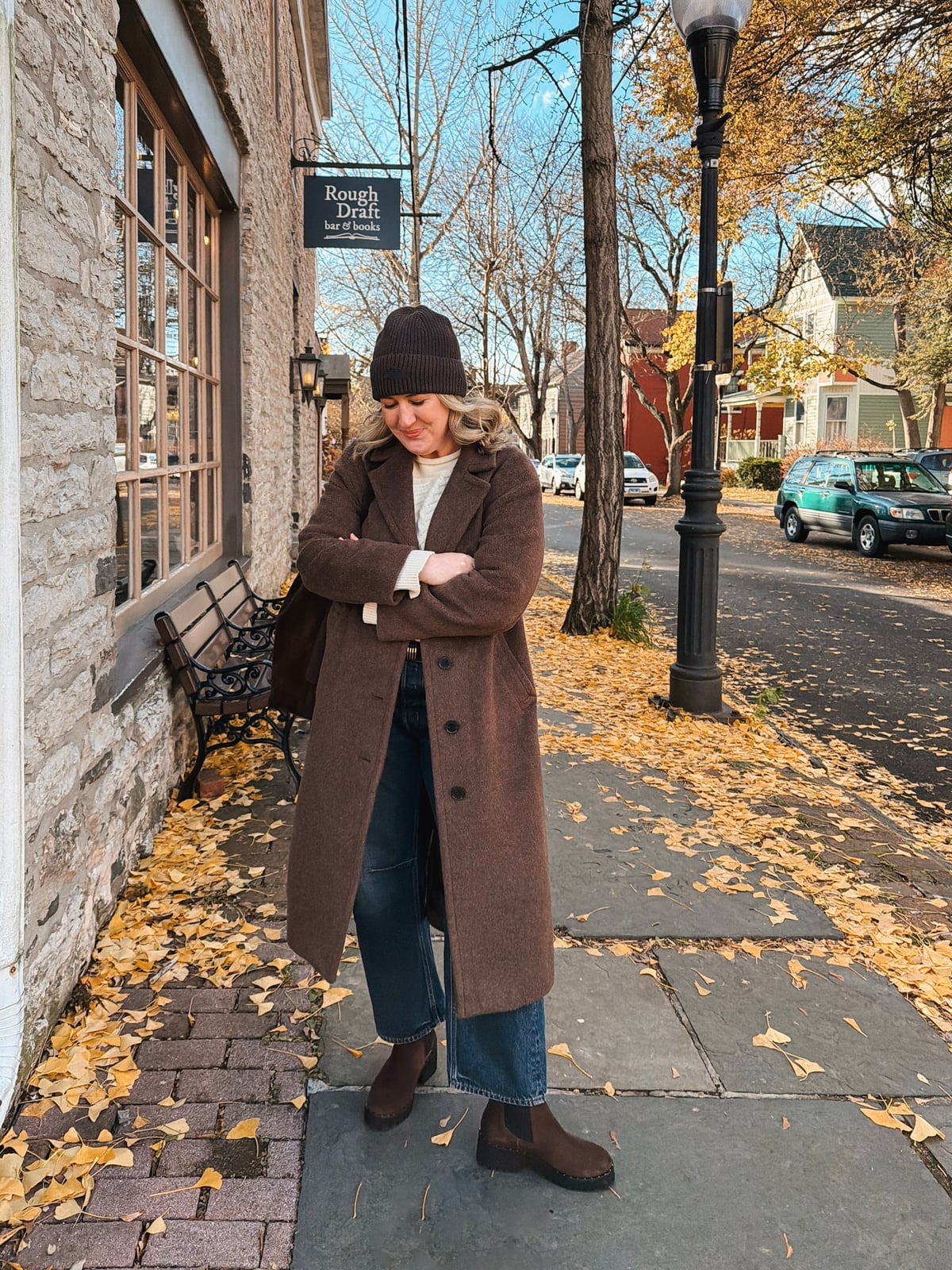 Brown Textured Coat Over Cream Sweater and Jeans Brown Textured Coat Over Cream Sweater and Jeans — Classy Outdoor Outfit